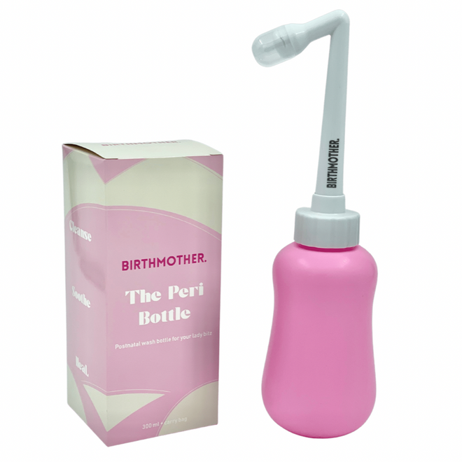 The Birthmother Peri Care Wash Bottle is designed to gently clean your sensitive bits after  having a baby, c-section, cesarean, natural birth, perineal tear, postpartum, stitches, vaginal birth