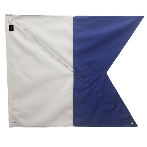 JCS 31x36 Nylon Alpha Dive Flag with wire stiffener, designed for maximum visibility. Made from durable marine-grade nylon, ensuring long-lasting performance in open waters.