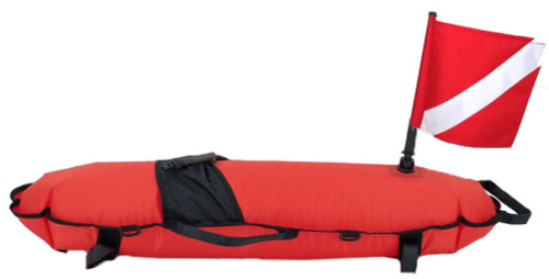 JCS 33x10x16 Spearfishing Float with Red and White Dive Flag and integrate plastic D-Rings