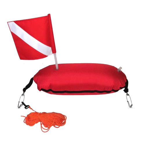 JCS 22.5x8x6 Spearfishing Float with Red and White Dive Flag, 1680D Nylon Cover, PVC Bladder, and 2 Shark Clips – Safety Marker Buoy for Divers