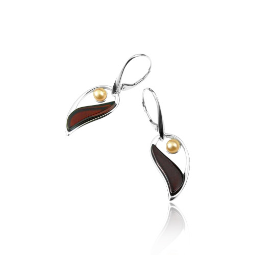 Cherry Color Baltic Amber & White Pearl Lever-back Earrings in Sterling Silver