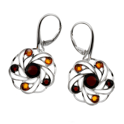 Round Multi Color Baltic Amber Lever back Earrings in Sterling Silver