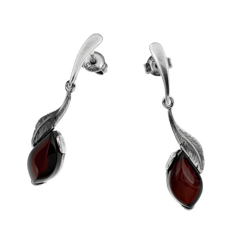 Cherry Color Baltic Amber stone Post Earrings in Sterling Silver