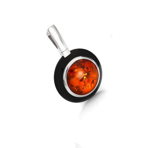Cognac Color Baltic Amber & Black Mineralite Pendant in Sterling Silver