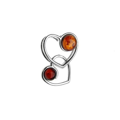 Two Heart Shape Multi Color Baltic Amber Pendant in Sterling Silver