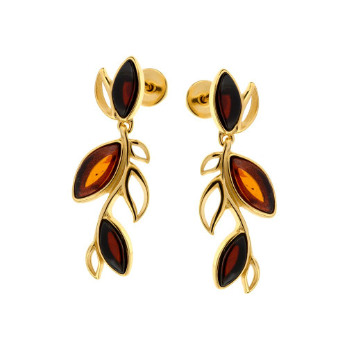 Long leaves dangle style Multi Color Baltic Amber Earrings in Gold-plated Sterling Silver