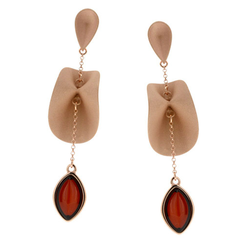Contemporary Earrings with Cherry Color Baltic Amber in Rose Gold Plated Sterling Silver