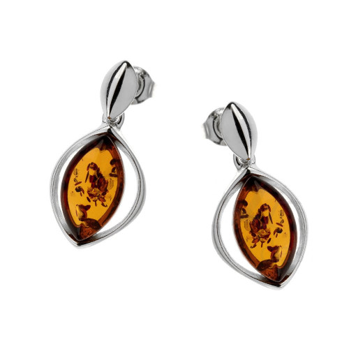 Earrings with Cognac Color Baltic Amber in Sterling Silver E3321c