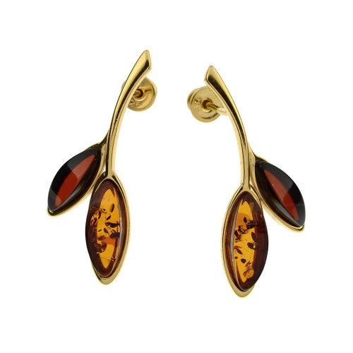 Earrings with Multi-color Baltic Amber in Yellow Gold plated Sterling Silver 2546