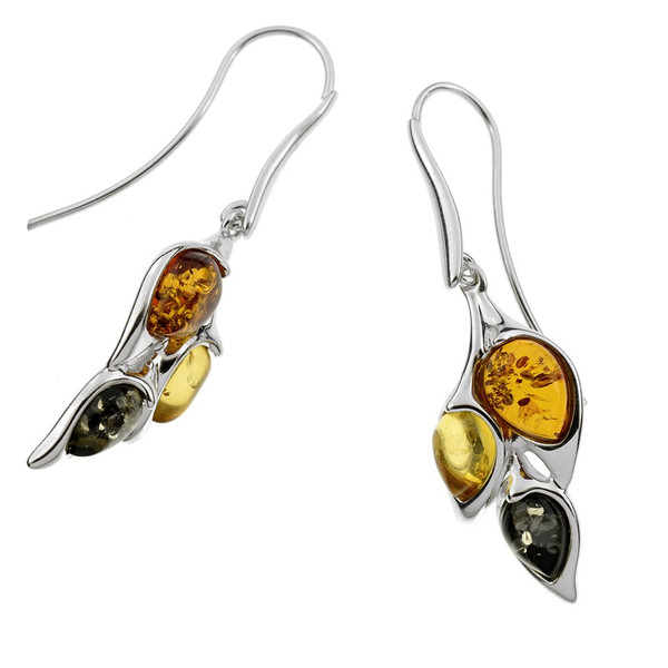 Multi Color Baltic Amber Dangles Earrings in Sterling Silver