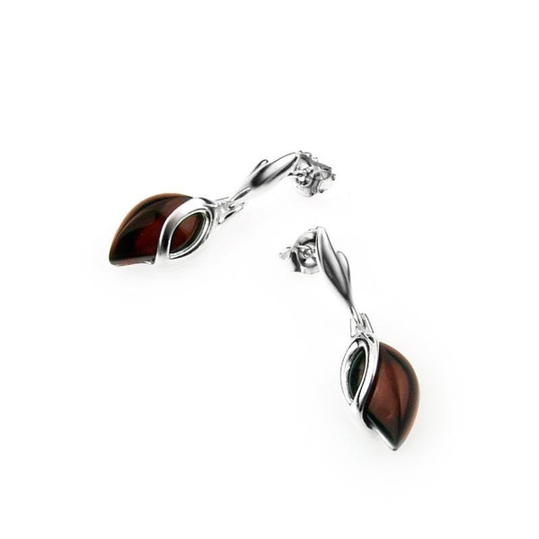 Dangles Tear drop shape Post Earrings with Cherry Color Baltic Amber in Sterling Silver