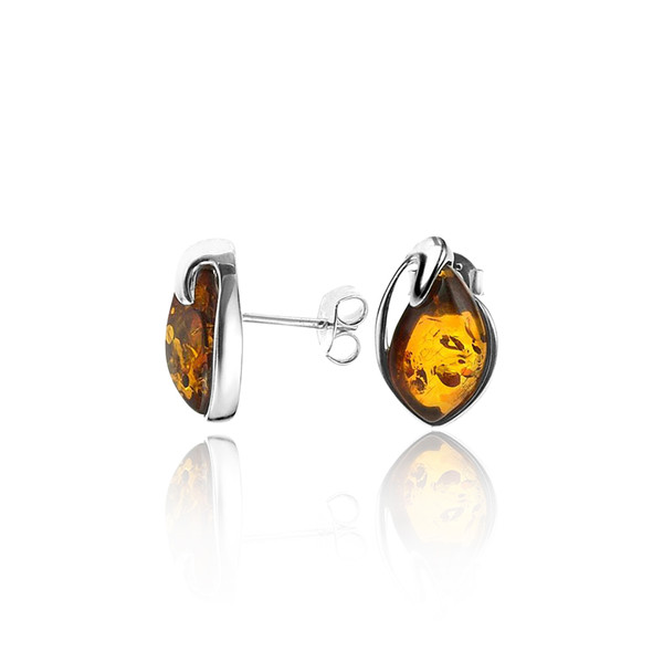 Tear drop shape Post Earrings with Cognac Color Baltic Amber in Sterling Silver