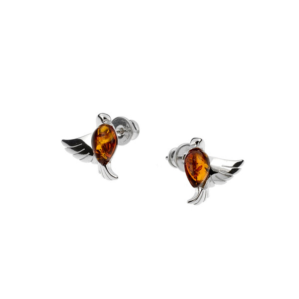 Small bird Stud Earrings with Cognac Color Baltic Amber in Sterling Silver