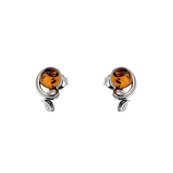 Post Earrings with small round Cognac Color Baltic Amber in Sterling Silver