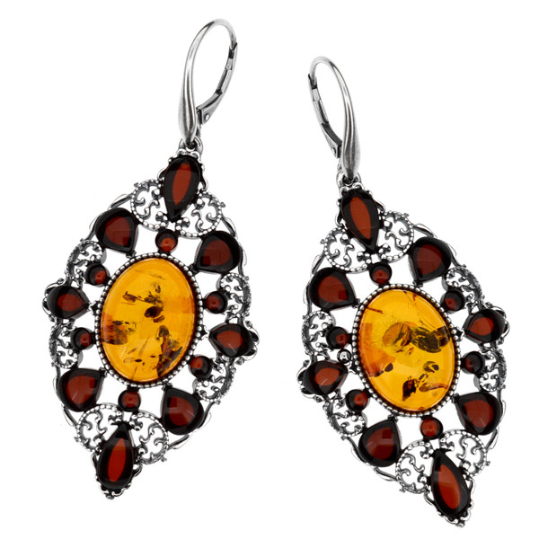 Chandeliers dangle style Earrings with Multi Color Baltic Amber in Sterling Silver