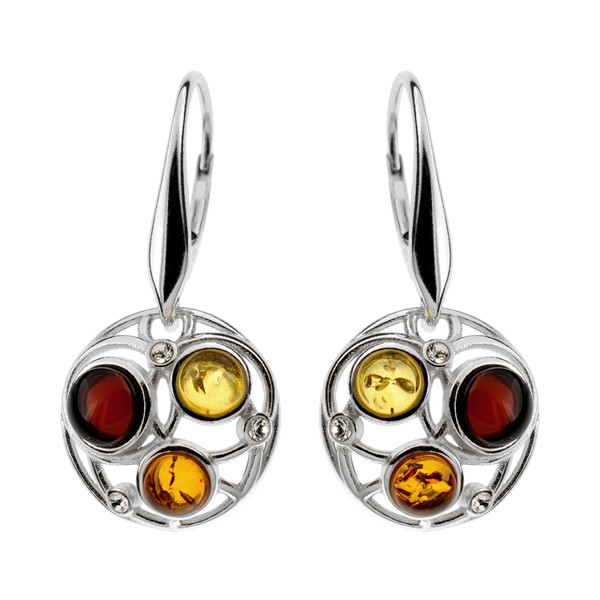 Round 3 stones Multi Color Baltic Amber & CZ Earrings in Sterling Silver