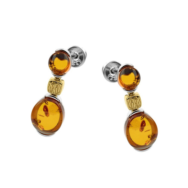 Cognac Color Baltic Amber Post Earrings in mix Sterling Silver & Yellow Gold-plated Sterling Silver