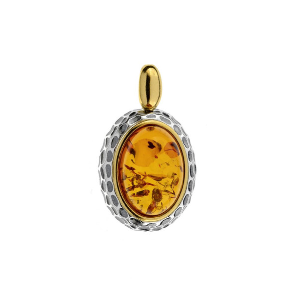Cognac Color Baltic Amber Pendant in mix Sterling Silver & Yellow Gold plated Sterling Silver P3157YGc