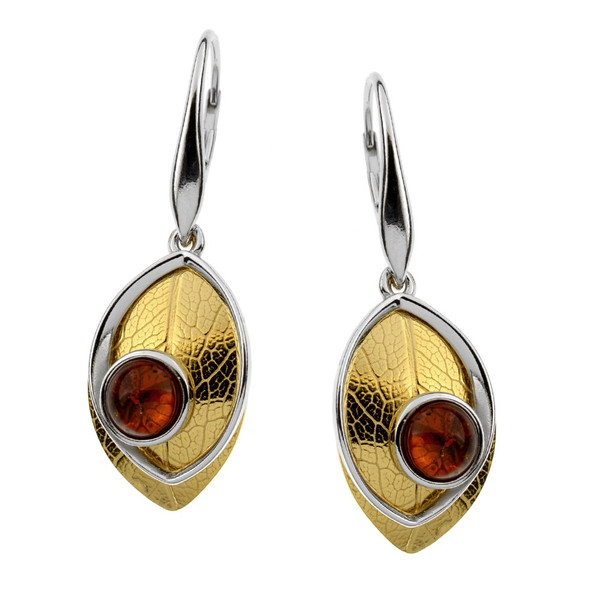 Leaf Touch Collection Cognac Color Baltic Amber Earrings in Yellow Gold Plated  Sterling Silver