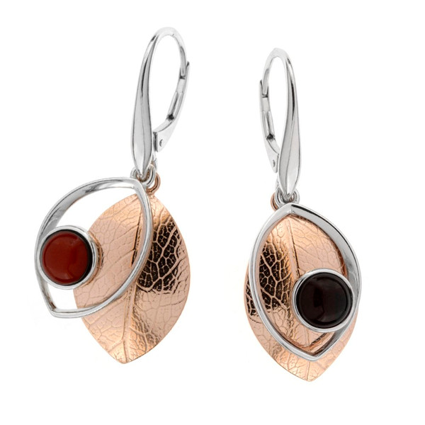 Leaf Touch Collection Cherry Color Baltic Amber Earrings in Rose Gold Plated  Sterling Silver