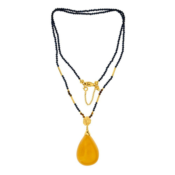 Unique Necklace with Butterscotch Color Baltic Amber stone and cat eye with zirconia necklace in Gold-plated Sterling Silver
