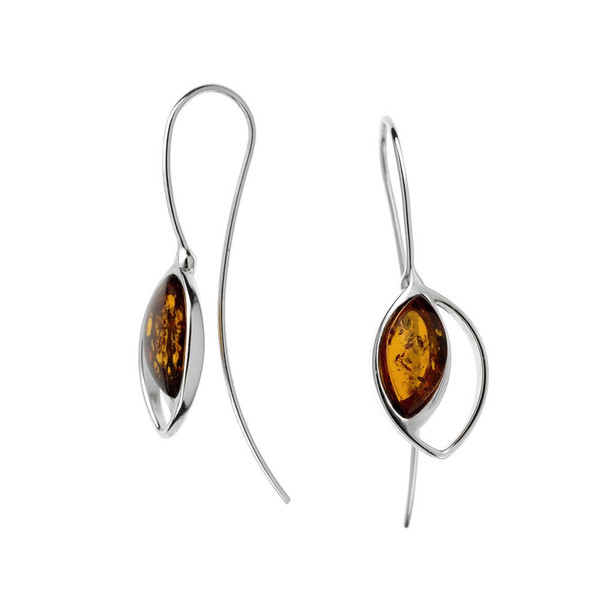 Cognac Color Baltic Amber Fishhook Earrings in Sterling Silver