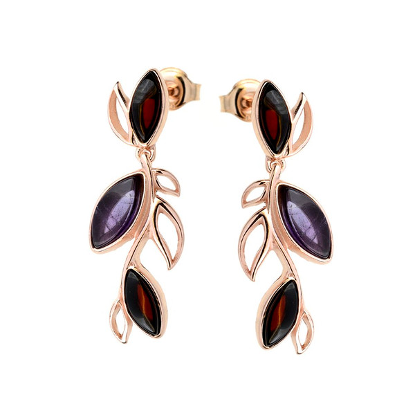 Long leaves dangle style Cherry Color Baltic Amber and Amethyst Earrings in Rose Gold plated Sterling Silver
