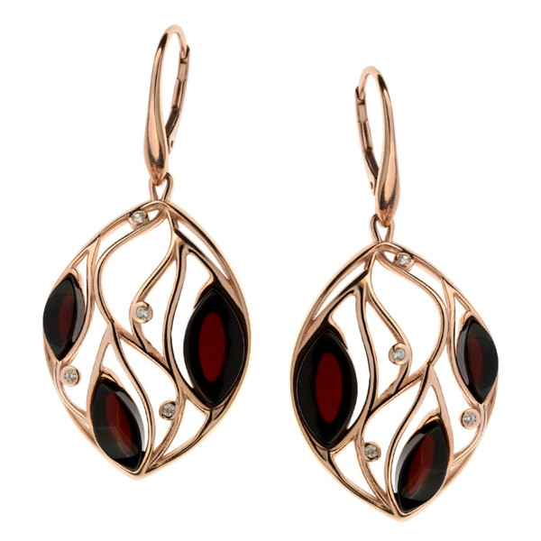 Cherry Color Baltic Amber & CZ Earrings in Rose Gold-plated Sterling Silver