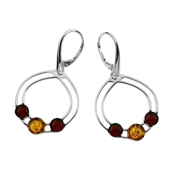 Multi-Color Baltic Amber 3 stone Dangles Earrings in Sterling Silver