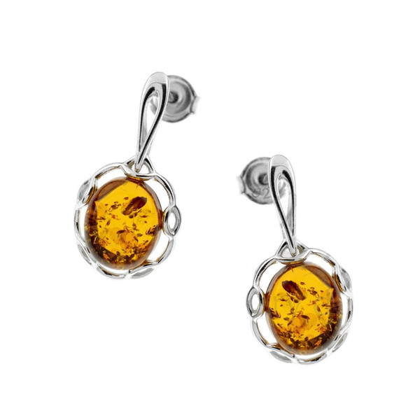 Oval shape stud Earrings with Cognac Color Baltic Amber in Sterling Silver