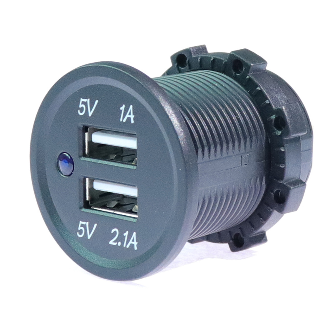 Panel Mount, Dual 5 Volt USB, 2.1A,  1.0A,  12 VDC Input