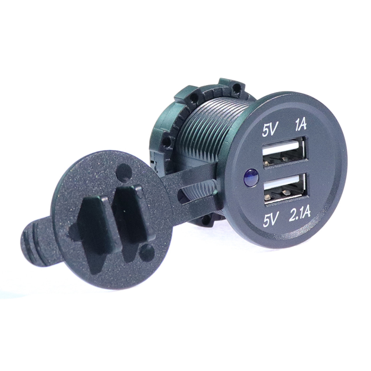 Panel Mount, Dual 5 Volt USB, 2.1A,  1.0A,  12 VDC Input