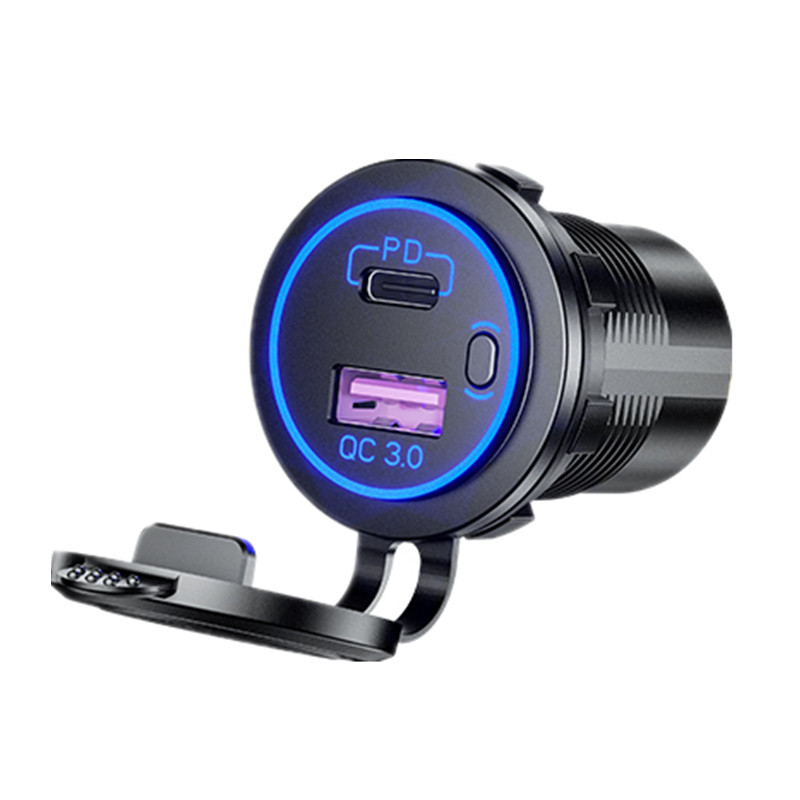 Panel Mount USB-QC 3.0 Charger, Type-C Power Delivery, with switch, 12-24 VDC Input