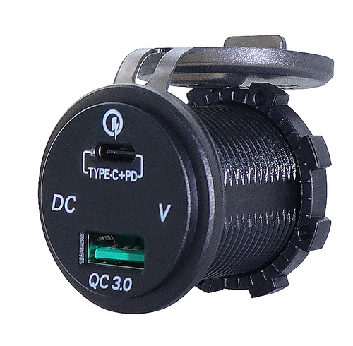 Panel Mount USB-QC 3.0 Charger, Type-C + Power Delivery, Blue LED DVM, 12/24 VDC Input