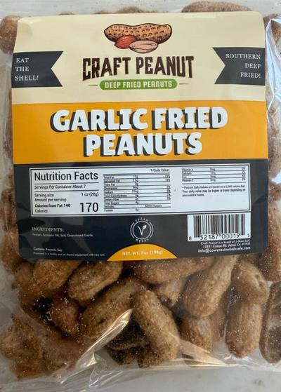 Craft Peanut Garlic Fried Peanuts. Delicious deep fried peanuts seasoned to perfection and loaded with garlic! This is our number 1 seller for a reason! A perfect snack, you cannot eat just one. Best of all, you can even eat the shell! This item is Vegan.  This amazing bar snack collection will amaze you and have you coming back for more. 