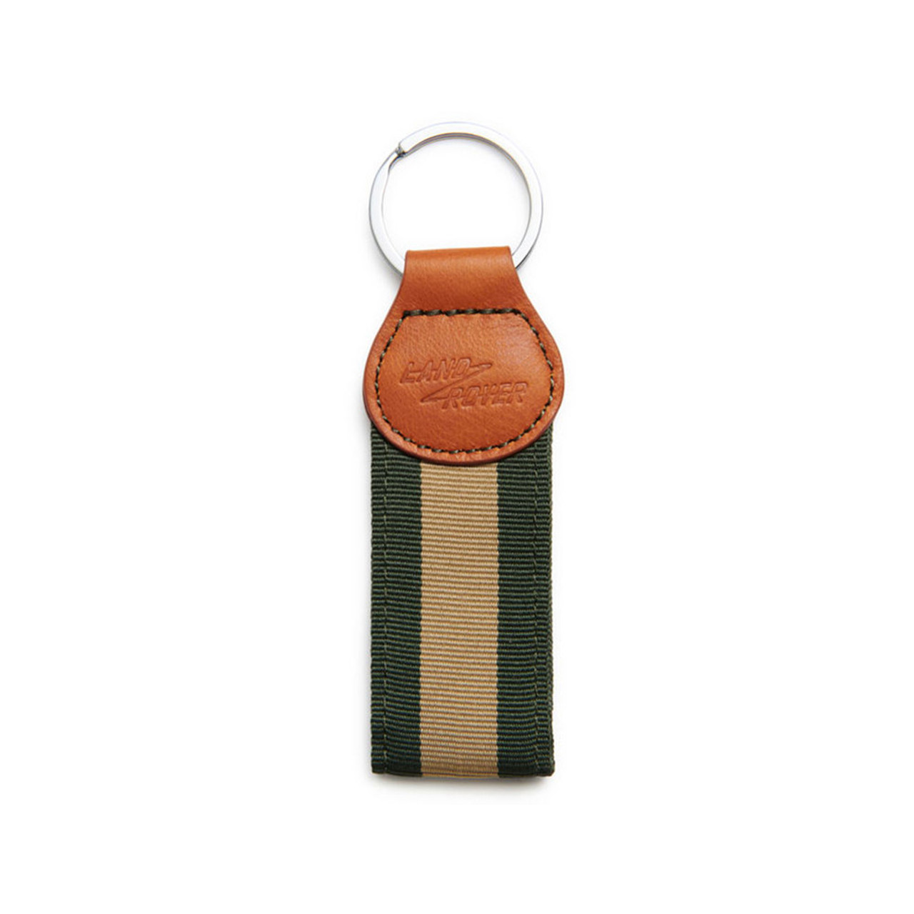 Land Rover Heritage Collection Vintage Key Ring Keychain, Land Rover Logo  On Leather Cowhide With Olive And Cream Ribbon