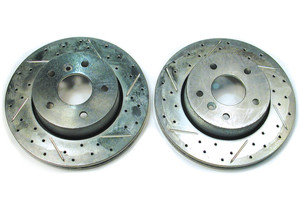 Front Brake Rotors By Terrafirma, Pair, Premium Drilled And Slotted For Range Rover P38 (4.0 Or 4.6) (NTC8780HPA )