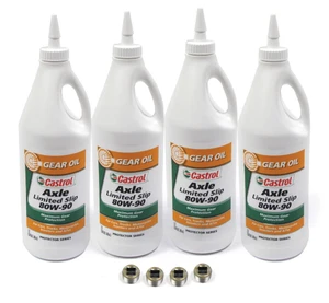 Front And Rear Axle Service Kit For Range Rover P38 With GEMS Engine, Includes 4 Quarts Castrol Axle Gear Oil 80W-90 Limited Slip And 4 Replacement Drain Plugs