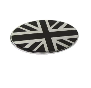 Union Jack Exterior Vehicle Badge, Black And Chrome, Oval 2.75 x 1.5 Inches