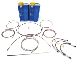 Brake Hose And Pipe Replacement Kit With Fluid, For Land Rover Series 2A (Vehicles With Dual-Line Hydraulic Brake System), Includes Stainless Steel Brake Hoses, Copper And Nickel EziBend Pipes, And ATE Original SL DOT 4 Fluid