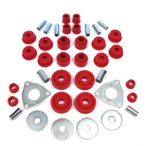 Polyurethane Bushing Kit By Polybush, Front And Rear Suspension, Red / Very Firm, For Land Rover Discovery 1, Defender 90 And Range Rover Classic