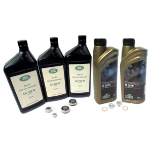 Differential And Transfer Case Service Kit, Front And Rear, For Non Electronic Differential Range Rover Sport Vehicles, Includes 3 Quarts Genuine Differential Oil 75W90R GL5, 2 Quarts Transfer Case Fluid By Rock Oil, And Replacement Plugs And Washers