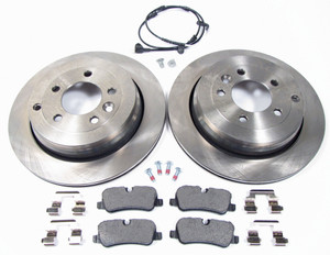 Rear Brake Rebuilding Kit For Land Rover LR3 V6, Includes Textar Brake Pads, Standard Rotors, Brake Wear Sensor And Pins With Clips.