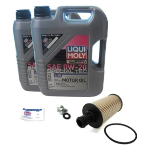 Complete Oil Change Kit For 3.0L Petrol Discovery 5, Defender 90, 110, & 130 New Gen, Range Rover Sport & Full Size, Includes Oil Filter With Seal LR133455, 10 Liters LIQUI MOLY Special Tech LR SAE 0W-20 Oil, Drain Plug, & Reminder Cling