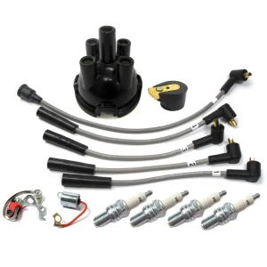 Ignition Tune Up Kit For Land Rover Series 2 And 2A, 1958 - 1971, Includes 2031 Spark Plugs, Ignition Wires, Distributor Cap And Rotor By Lucas, Points, And Condenser