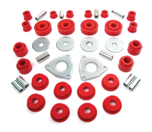 Polyurethane Bushing Kit By Polybush, Front And Rear Suspension, Red / Very Firm, For Land Rover Defender 110, 1993-Only