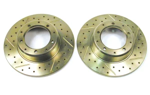Rear Brake Rotors LR017953, High Performance Drilled And Slotted Pair By Terrafirma, For Land Rover Discovery I, Defender 90, And Range Rover Classic (See Fitment Years)