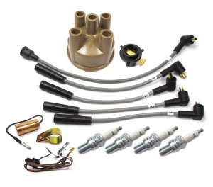 Ducellier Ignition Tune Up Kit 7:1 For Land Rover Series 3, 1971 - 1974, Includes 4 Spark Plugs RTC3569, Ignition Wires, Distributor Cap And Rotor, Rotor Arm, Points, And Condenser