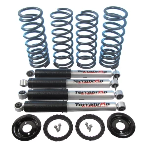 Shock And Spring Suspension Kit By Terrafirma With Front And Rear All-Terrain Shocks And 2-Inch Lift Medium Load TF042 And TF023V Springs For Land Rover Discovery Series II, 1999 - 2004