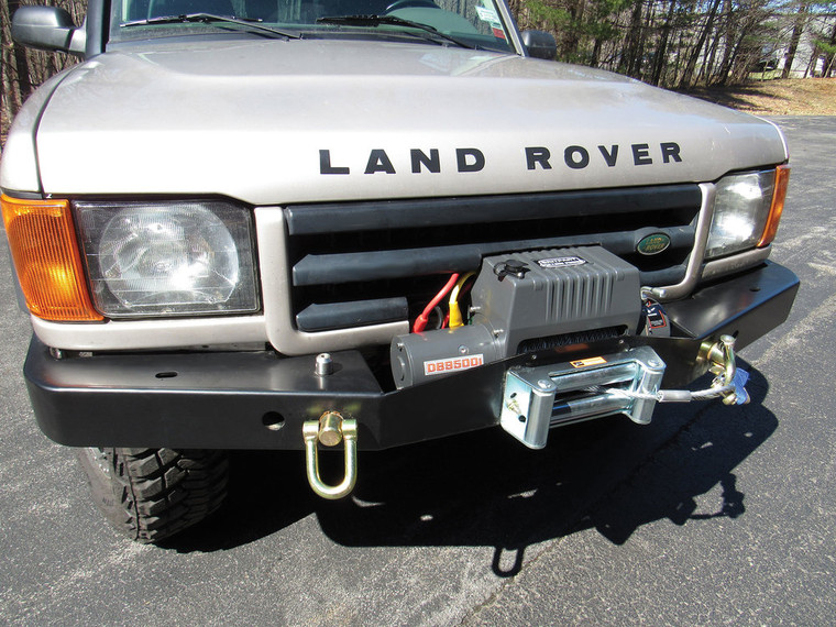 Front Steel Bumper & Winch Kit From Britpart Pulling Power: Black Heavy Duty Bumper (Without Fog Lights) With 9,500 Lb. Capacity Winch, 12-Volt (DA5645K)